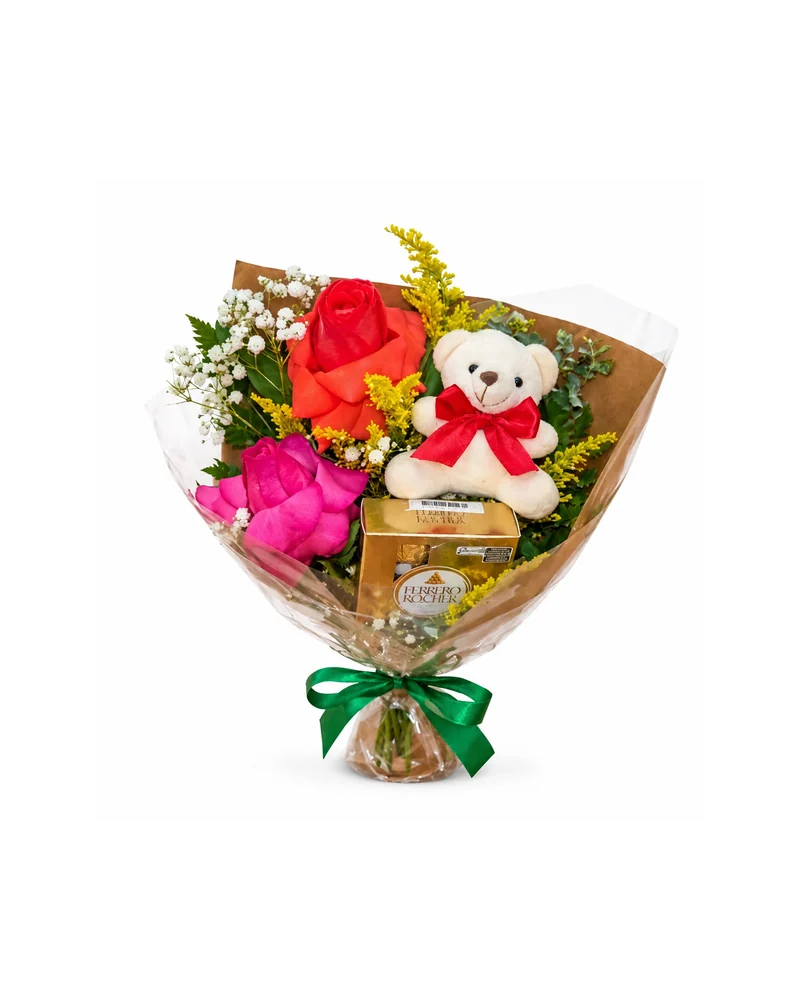 Arranjo Romântico com Rosas Urso e Bombons