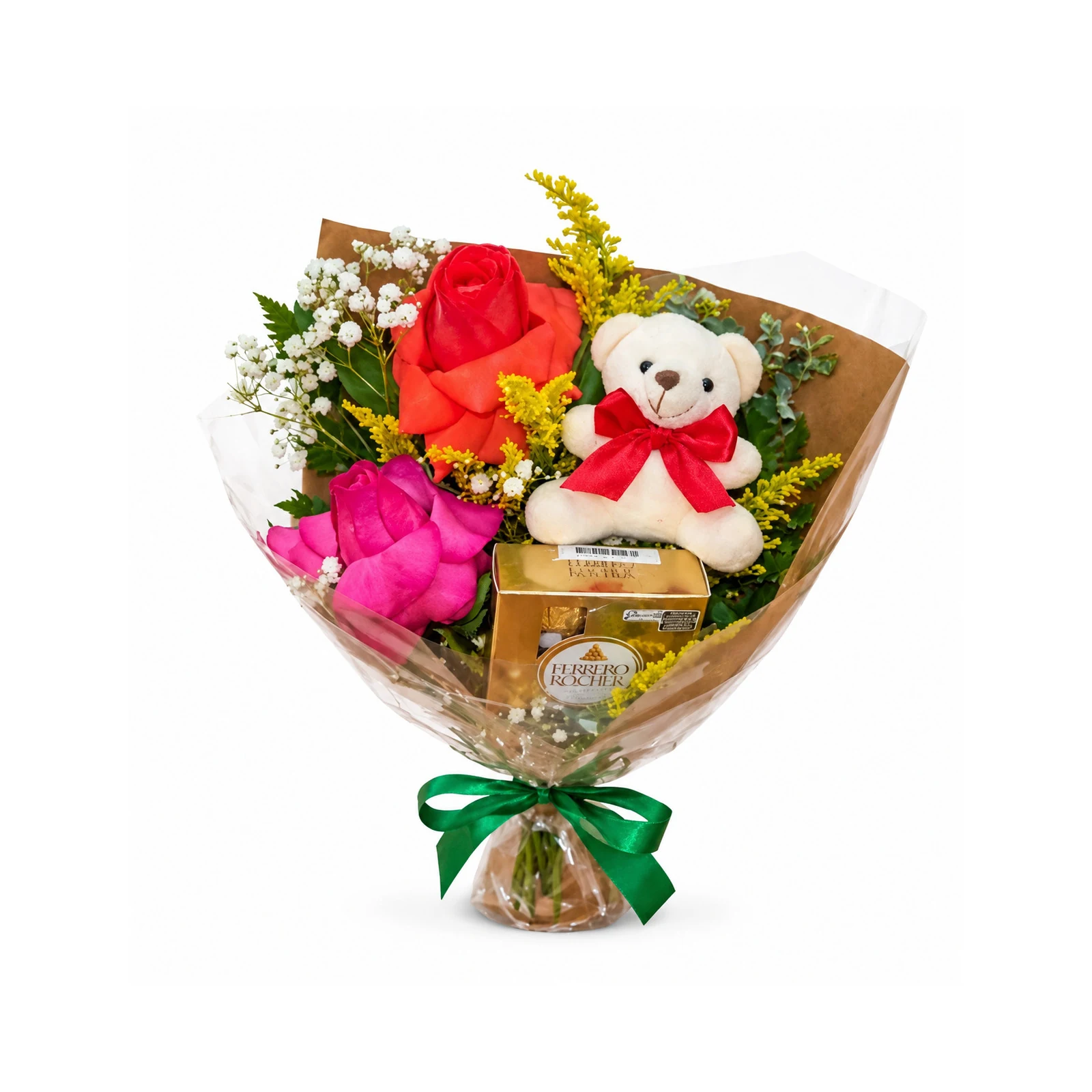 Arranjo Romântico com Rosas Urso e Bombons