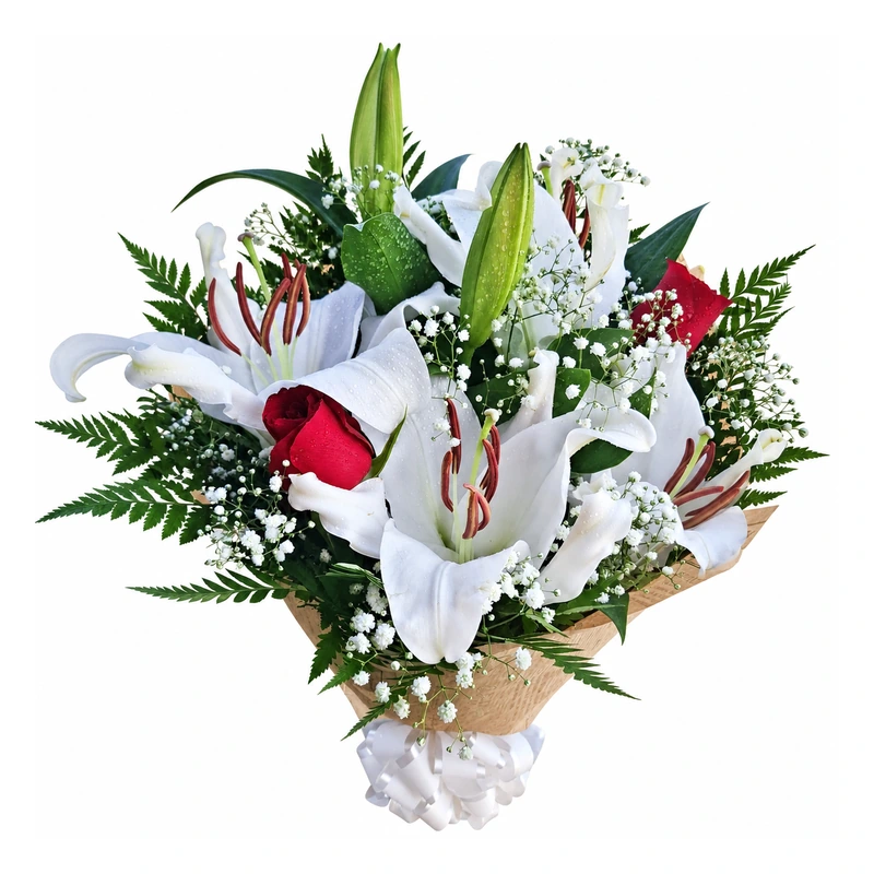 Buquê de lírios brancos e rosas vermelhas