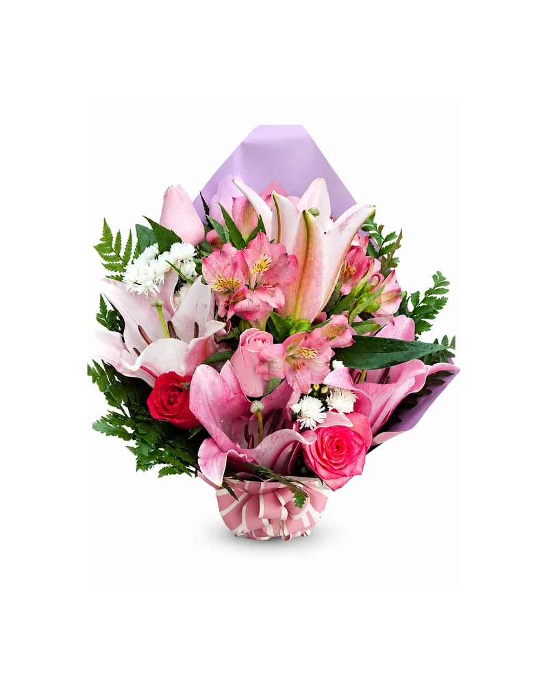 Buquê de Lírios e Rosas Cor de Rosa