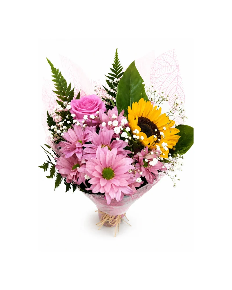 Buquê de Margaridas Rosas com Girassol
