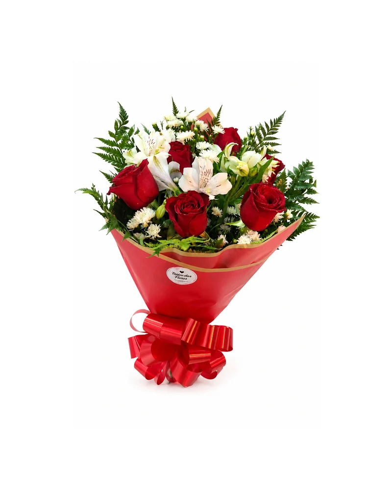 Buquê de Rosas Vermelhas e Flores Brancas