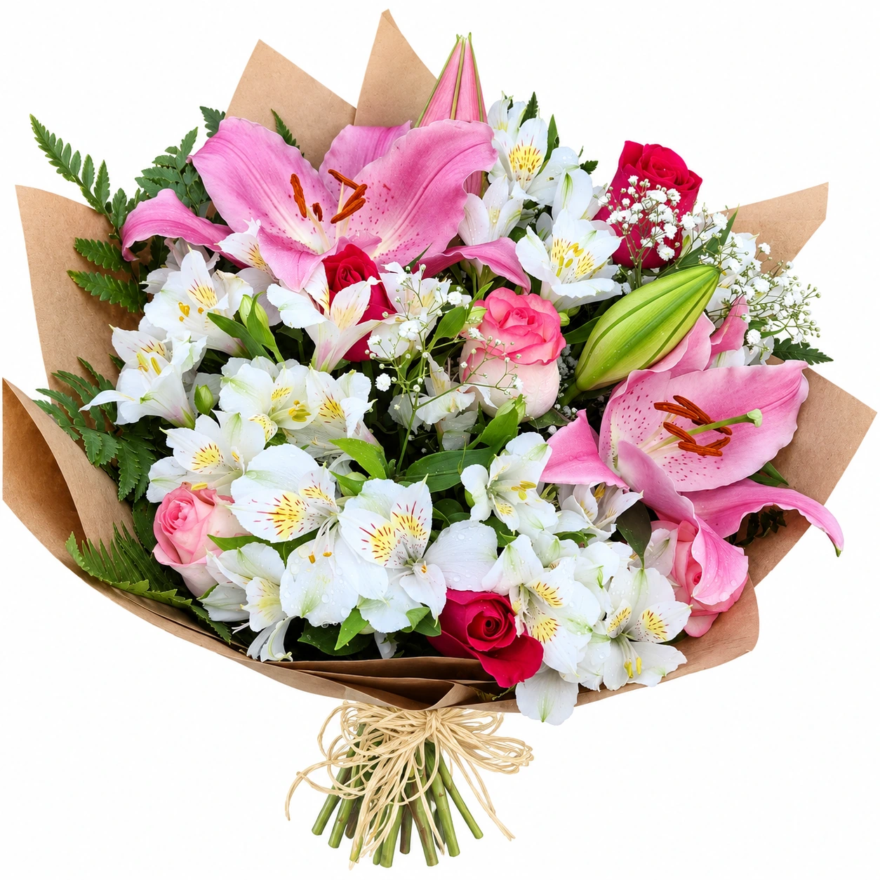 Buquê encanto de lírios rosa com flores brancas