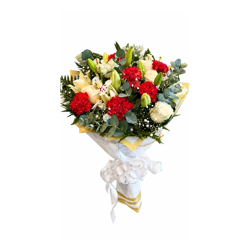 Buquê misto de lírios, rosas, cravos e complementos