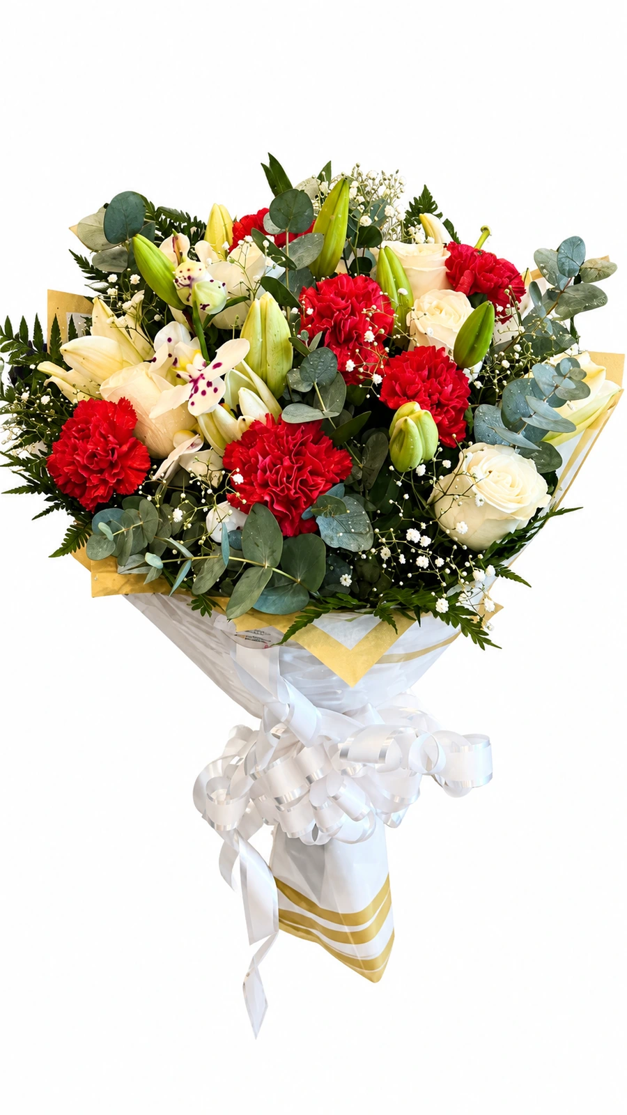 Buquê misto de lírios, rosas, cravos e complementos
