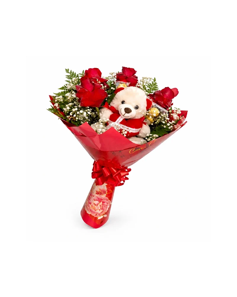 Buquê Romântico com Rosas Urso e Chocolates