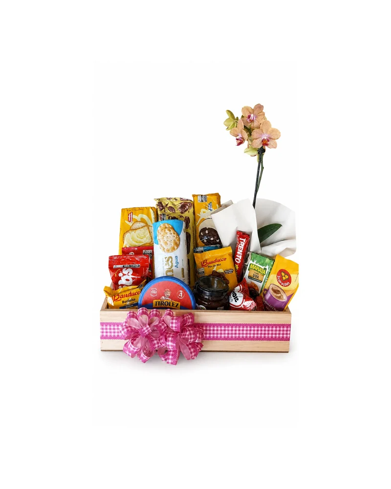 Caixa Presente com Chocolates e Flores Rosa