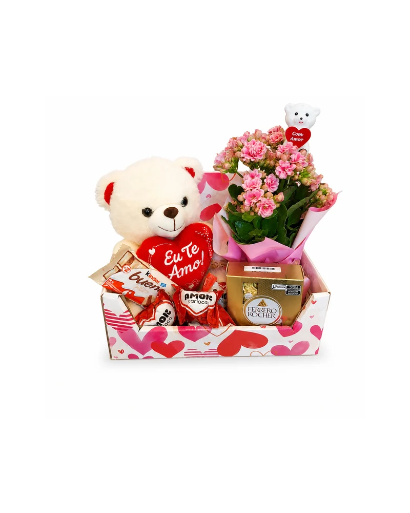 Caixa Romântica com Urso Kalanchoe Rosa e Chocolates