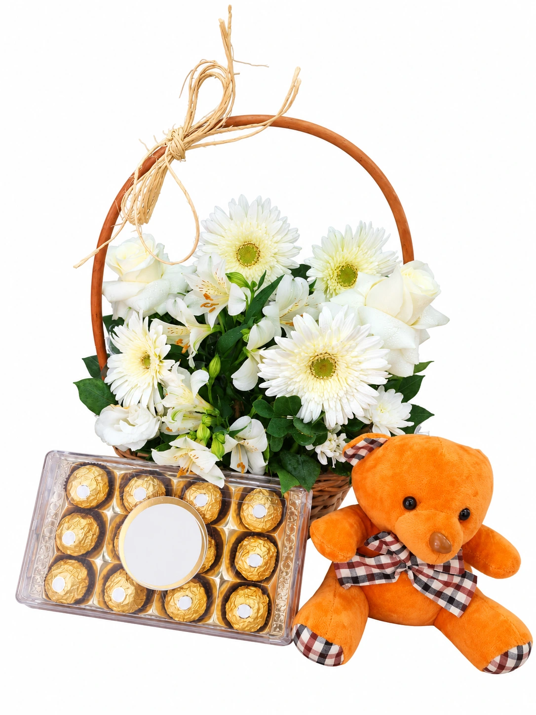 Cesta abraço delicado com flores, urso e Ferrero