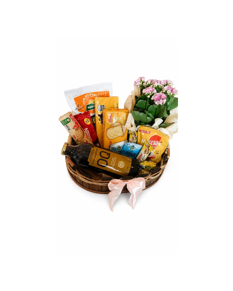 Cesta com Kalanchoe Rosa e Chocolates