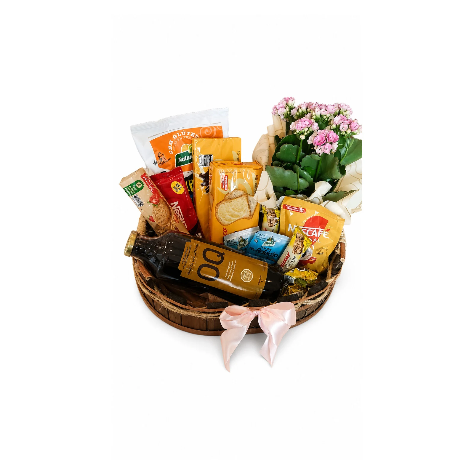 Cesta com Kalanchoe Rosa e Chocolates