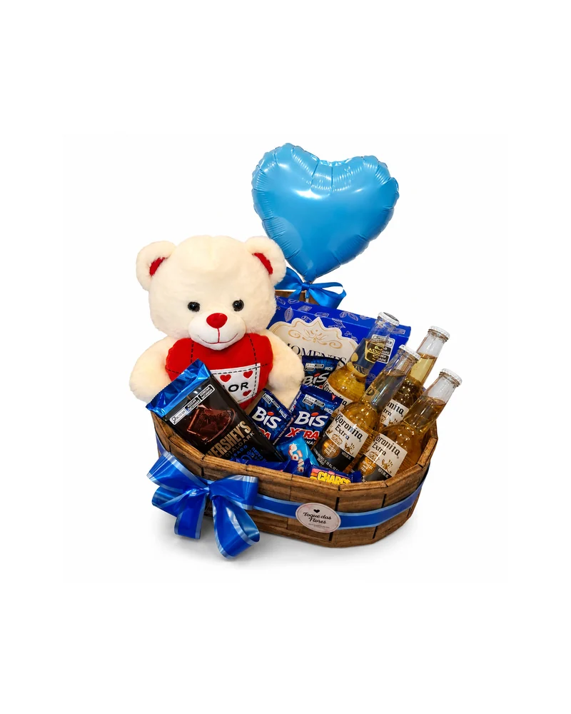 Cesta com Urso Chocolates e Balão Azul