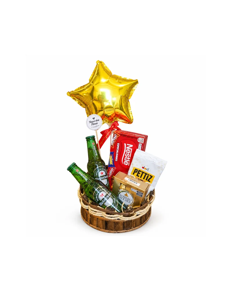 Cesta de Cerveja e Petiscos com Balão Dourado