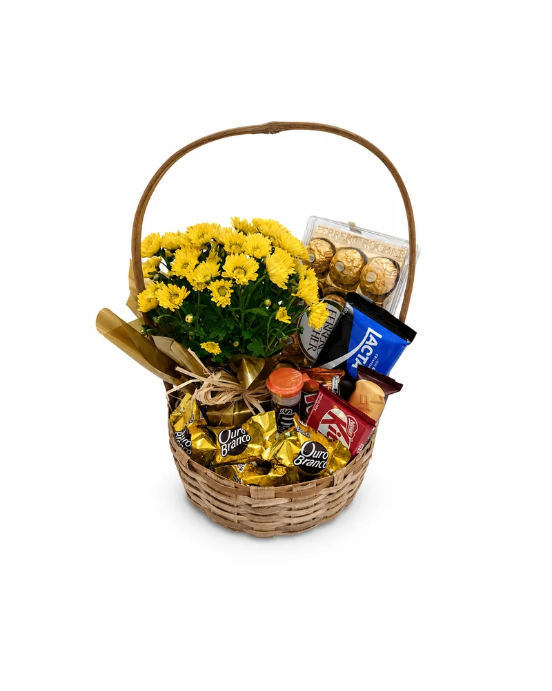 Cesta de Crisântemo Amarelo com Ferrero e Chocolates