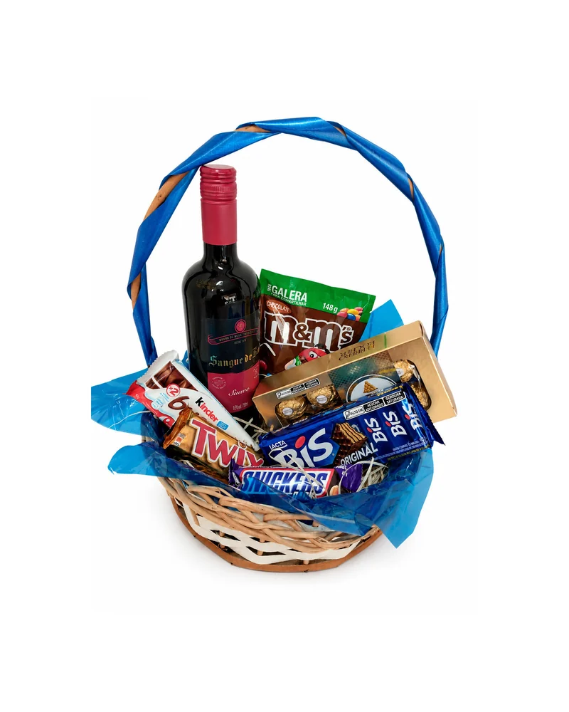 Cesta de Vinho e Chocolates com Laco Azul