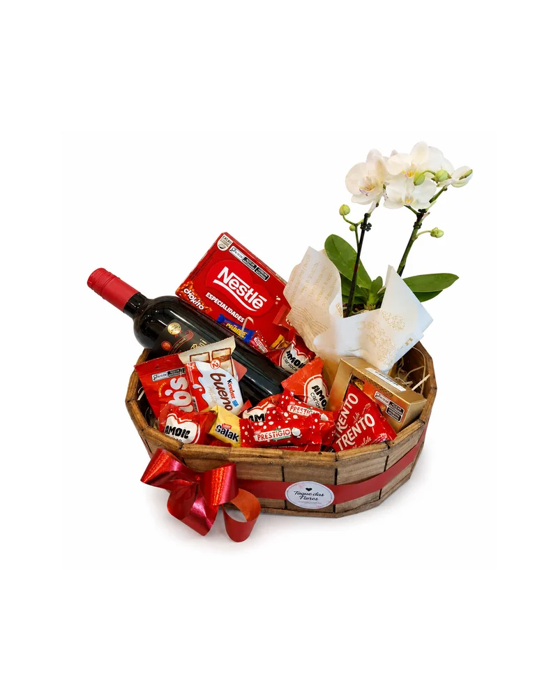 Cesta de Vinho e Chocolates com Laco Vermelho