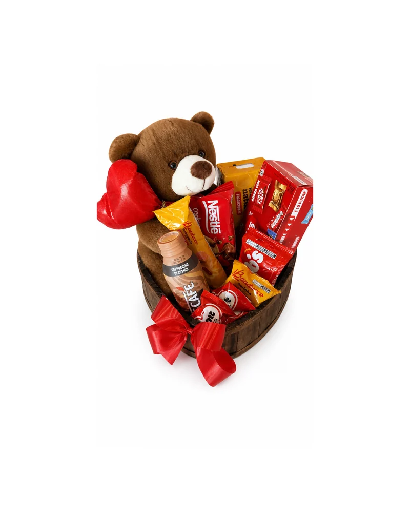 Cesta Romântica Artesanal com Vinho Urso e Chocolates