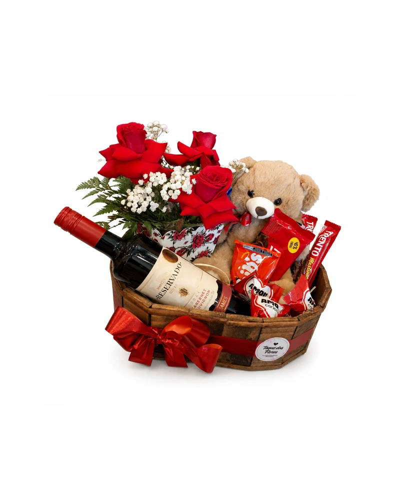 Cesta Romântica Clássica com Vinho Urso Rosas e Chocolates