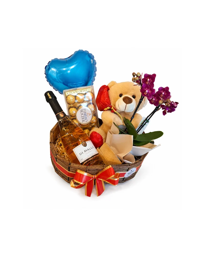 Cesta Romântica com Urso Orquídea e Balão Azul