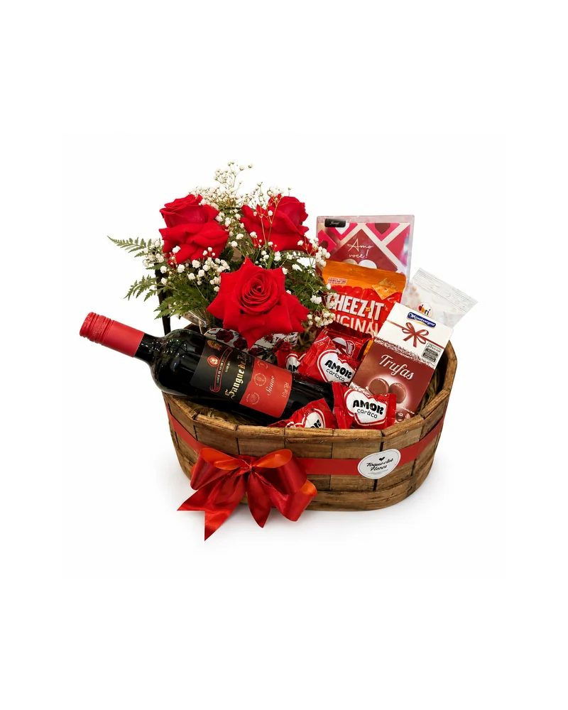 Cesta Romântica com Vinho Rosas e Chocolates