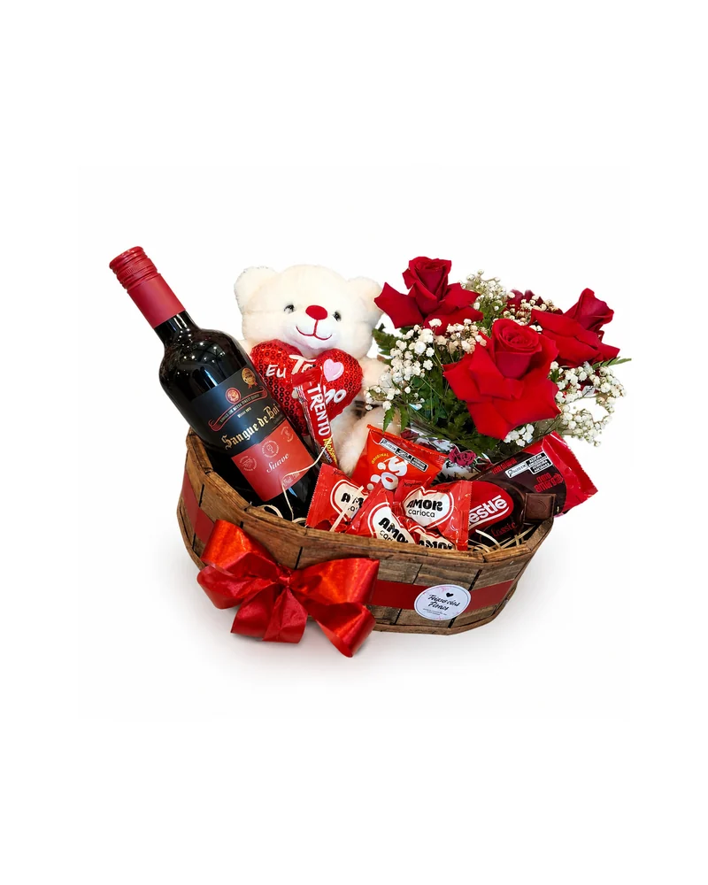 Cesta Romântica Grande com Vinho Urso Rosas e Chocolates