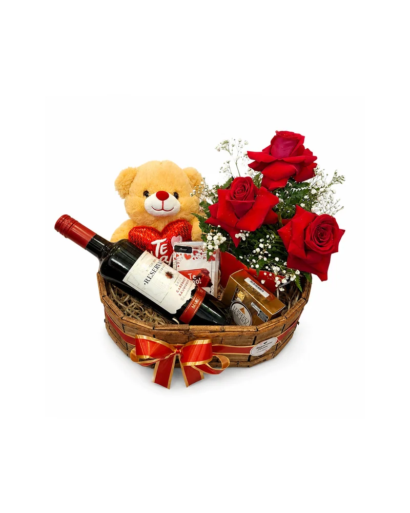 Cesta Romântica Premium com Vinho Urso e Rosas