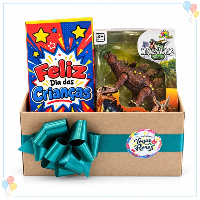 Kit infantil com brinquedo de dinossauro, doces e laço turquesa em fundo branco